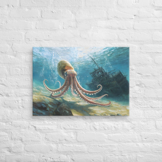 Mystic Depths: Giant Squid and Shipwreck Canvas Art